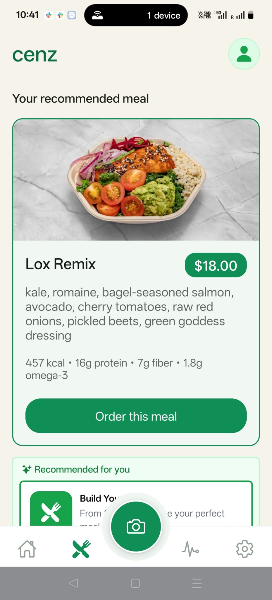 Cenz recommended meal showing the Lox Remix bowl with calories, protein, fiber and omega-3 and an order button