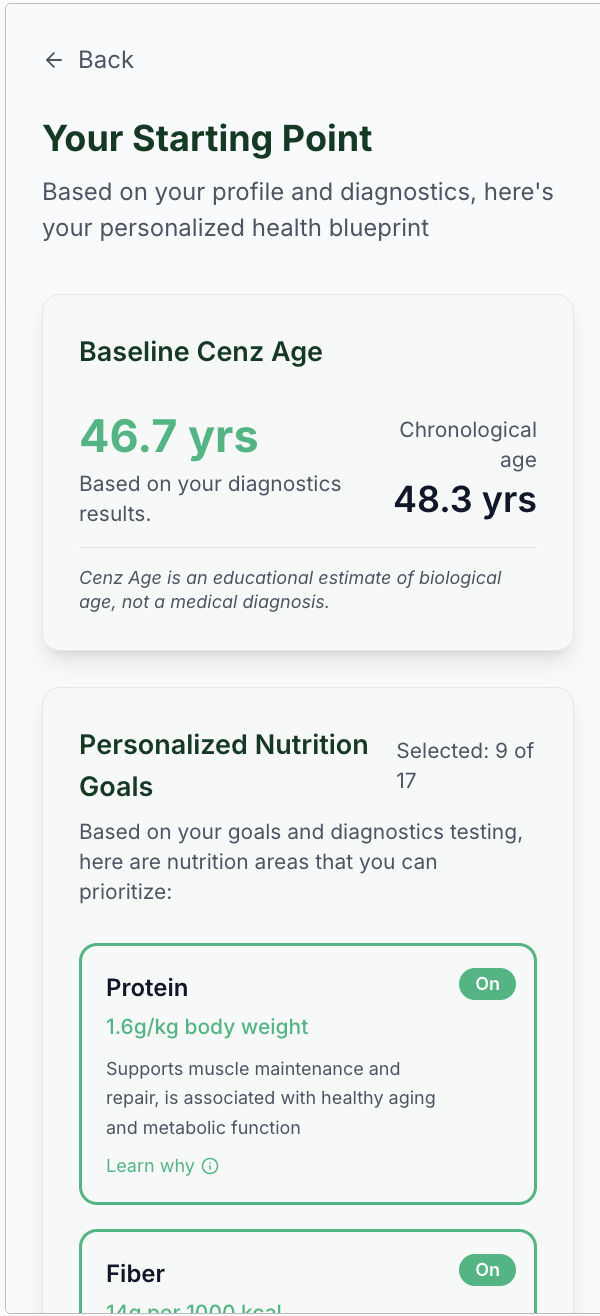 Your personalized health blueprint with Cenz Age and nutrition goals