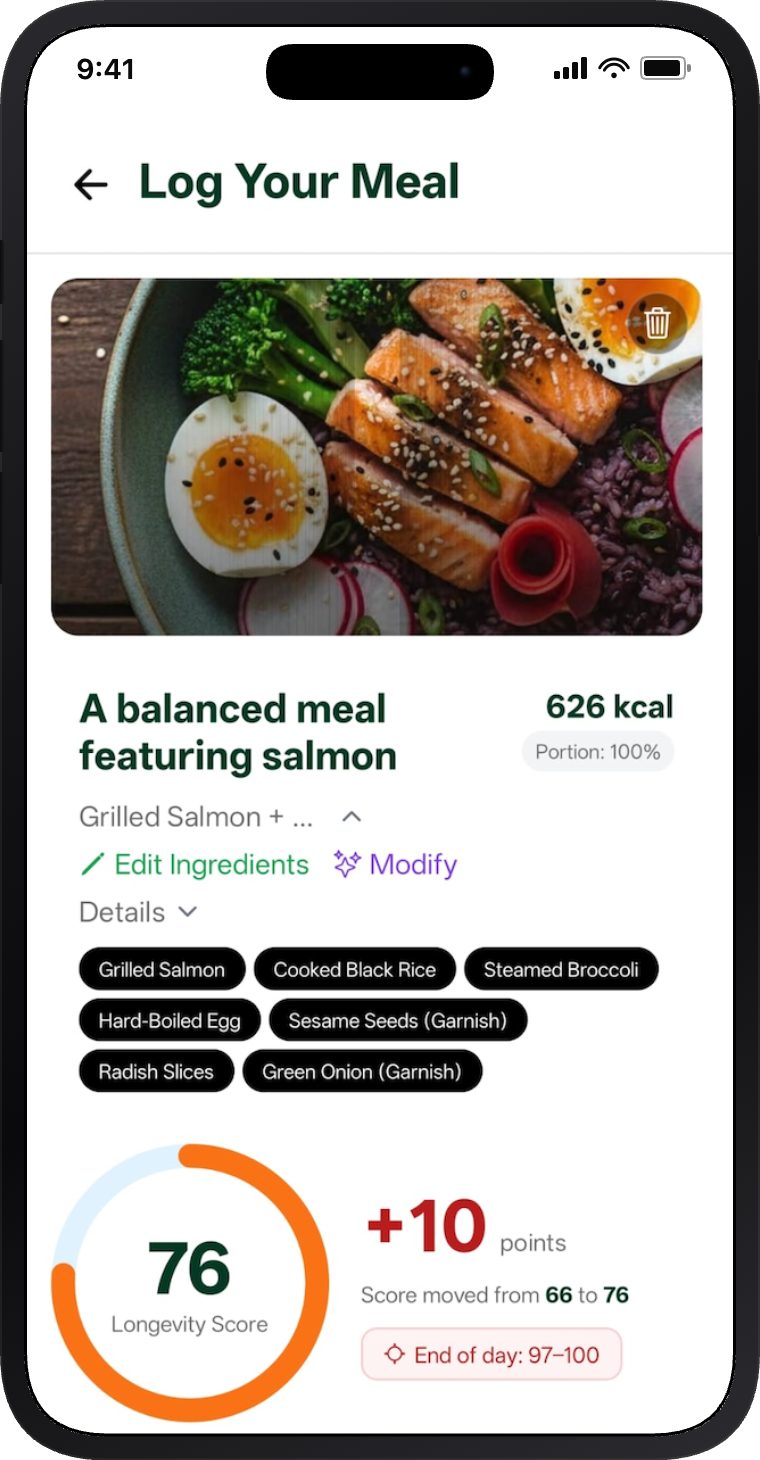 AI meal analysis showing salmon bowl with detected ingredients and +10 longevity score