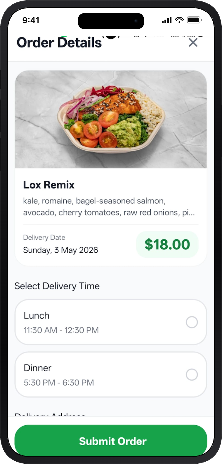 Cenz meal ordering with Lox Remix and delivery time selection
